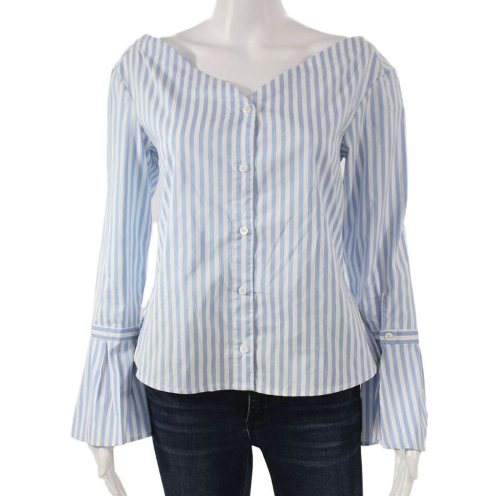 Highline Collective Womens Off Shoulder Striped Blue Blouse Long Sleeve Size XS